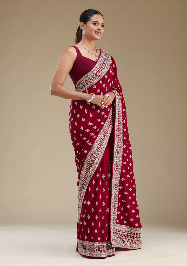 Maroon Threadwork Silk Saree
