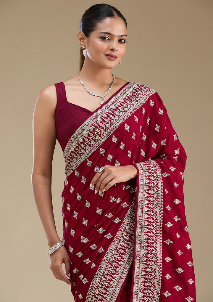 Maroon Threadwork Silk Saree