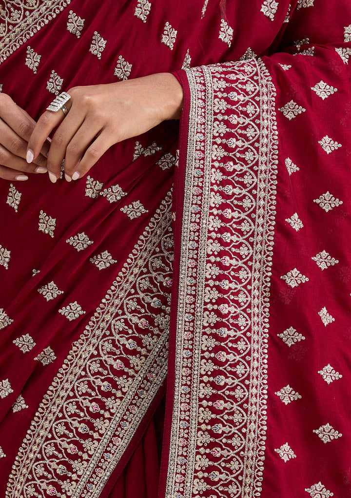 Maroon Threadwork Silk Saree