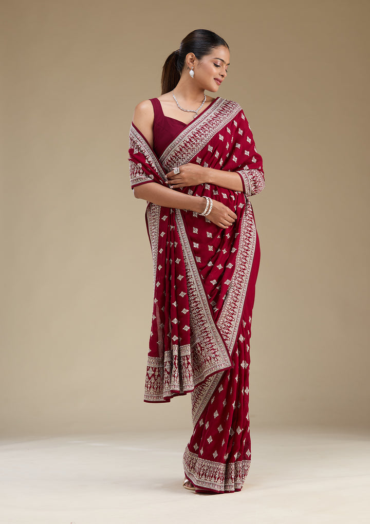 Maroon Threadwork Silk Saree