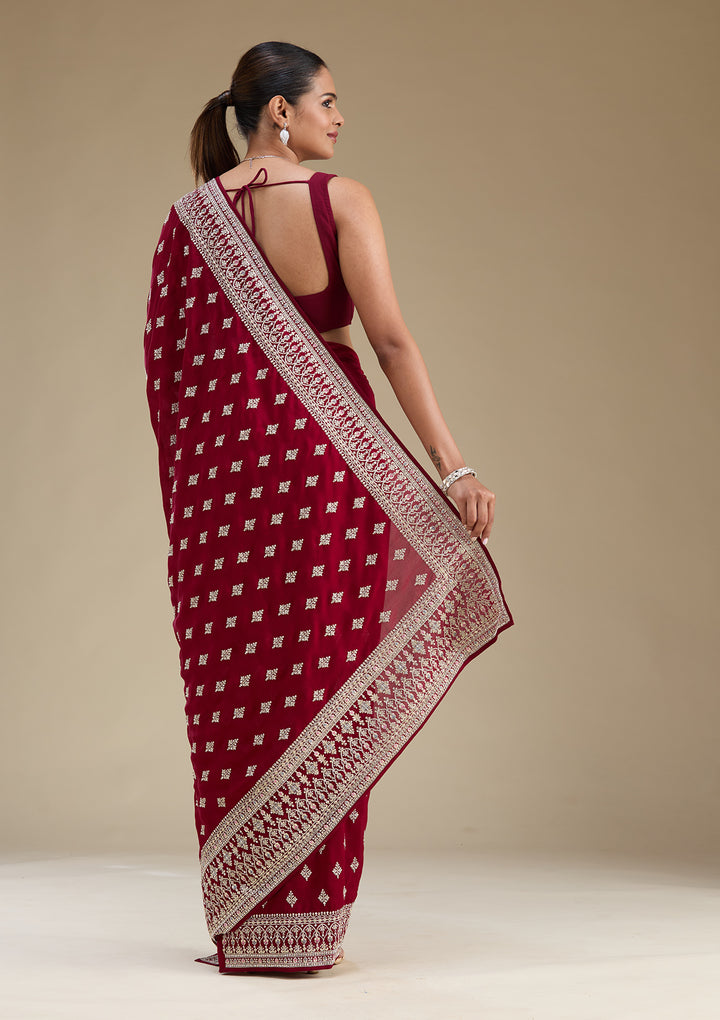Maroon Threadwork Silk Saree
