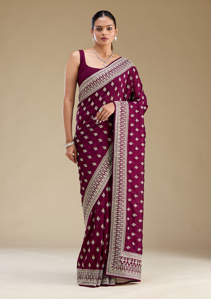 Wine Threadwork Silk Saree