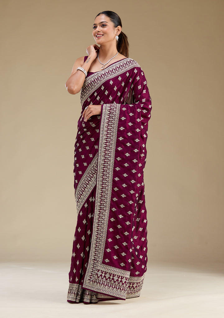 Wine Threadwork Silk Saree