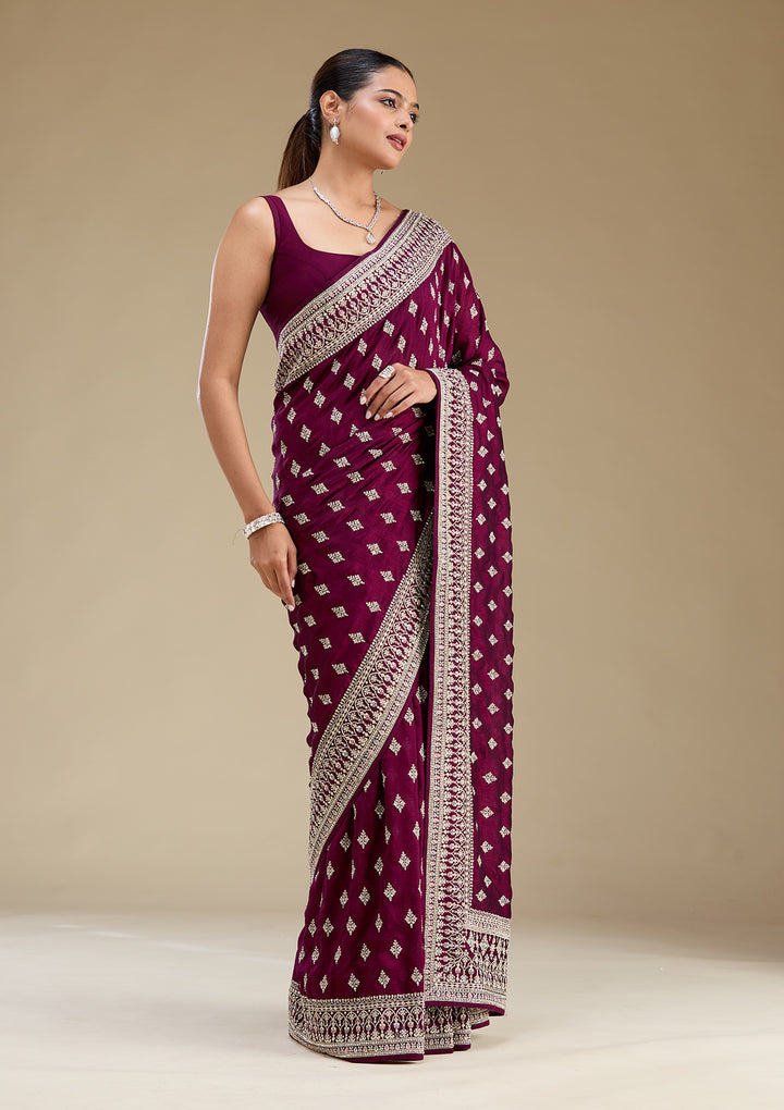 Wine Threadwork Silk Saree