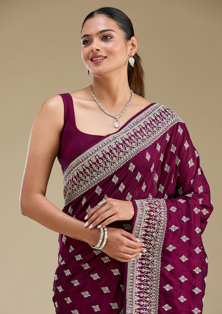 Wine Threadwork Silk Saree