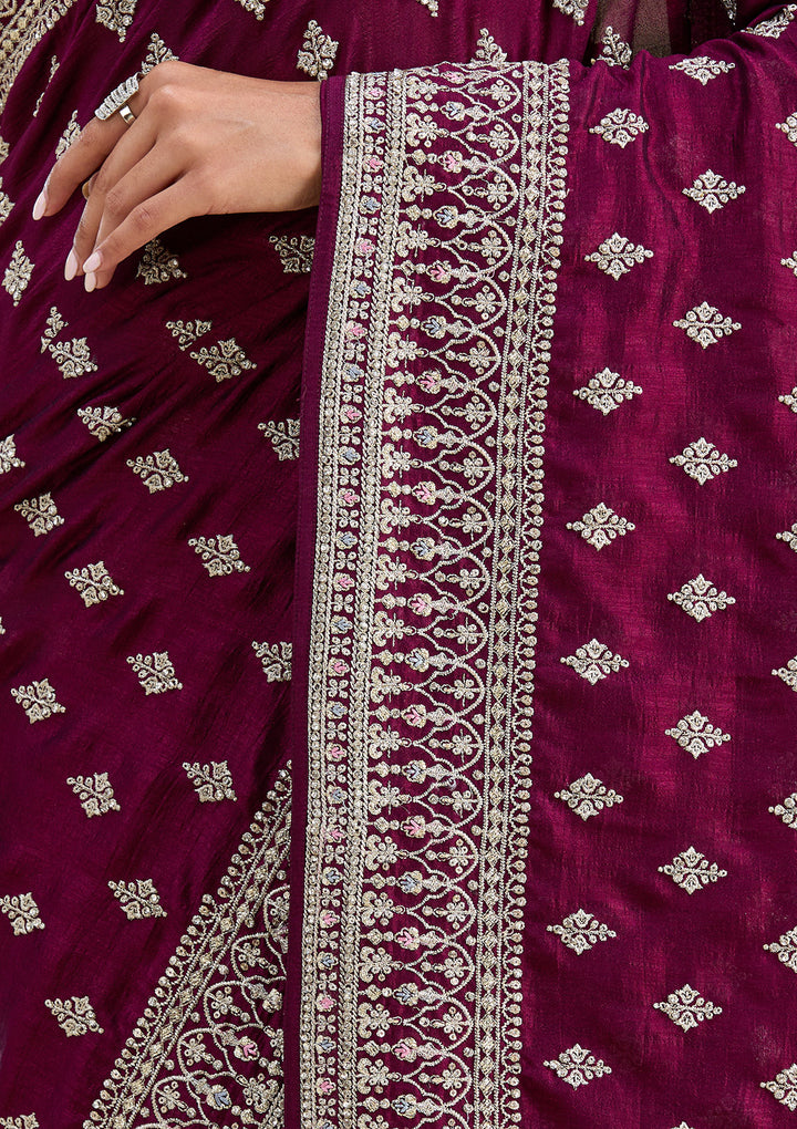 Wine Threadwork Silk Saree