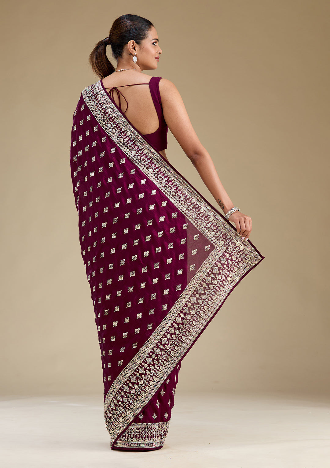 Wine Threadwork Silk Saree