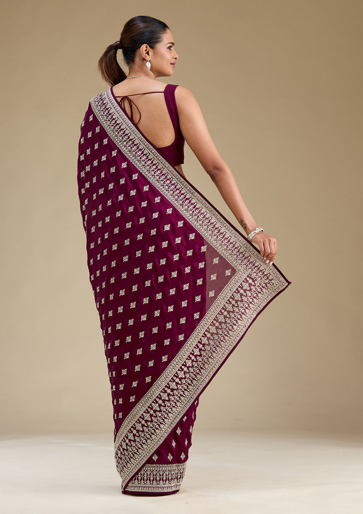 Wine Threadwork Silk Saree