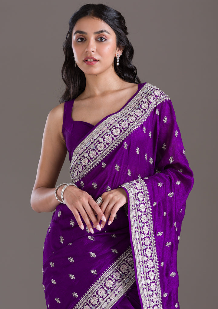 Purple Threadwork Silk Saree