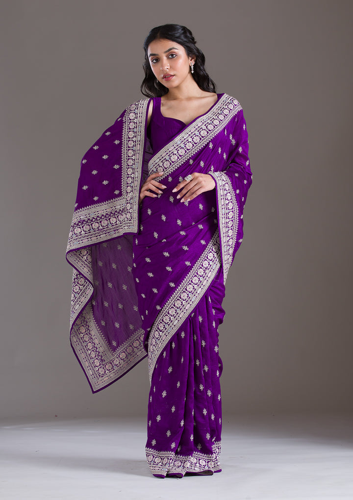 Purple Threadwork Silk Saree