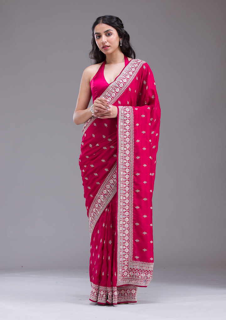 Rani Pink Threadwork Silk Saree