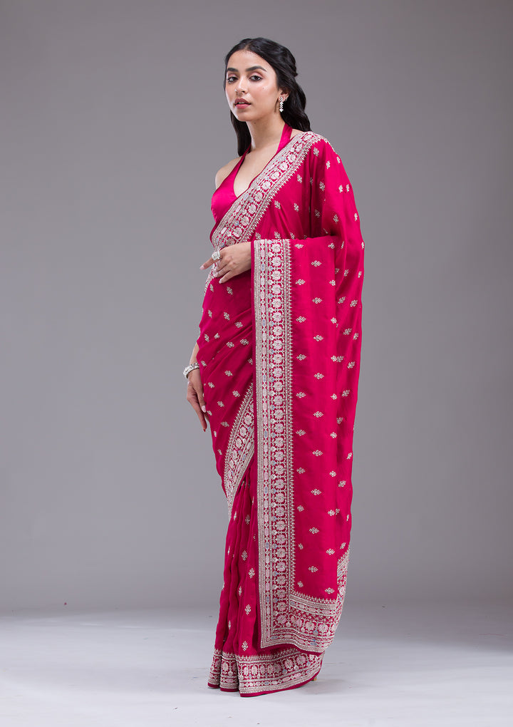 Rani Pink Threadwork Silk Saree