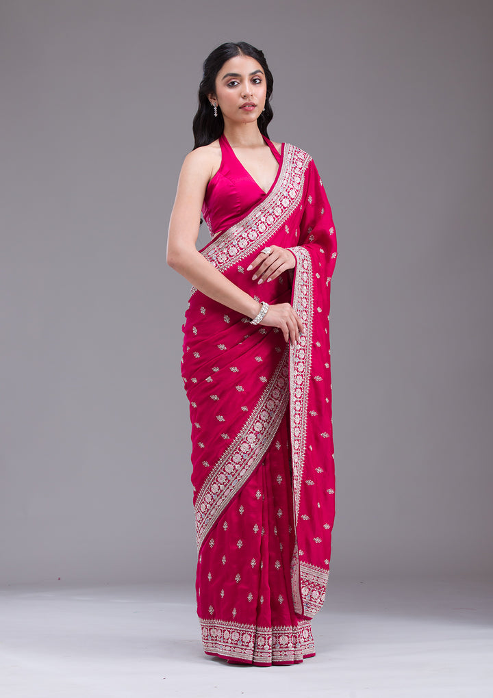 Rani Pink Threadwork Silk Saree
