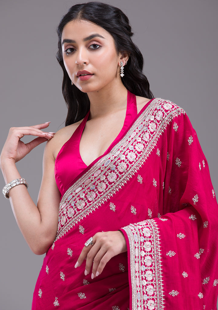 Rani Pink Threadwork Silk Saree