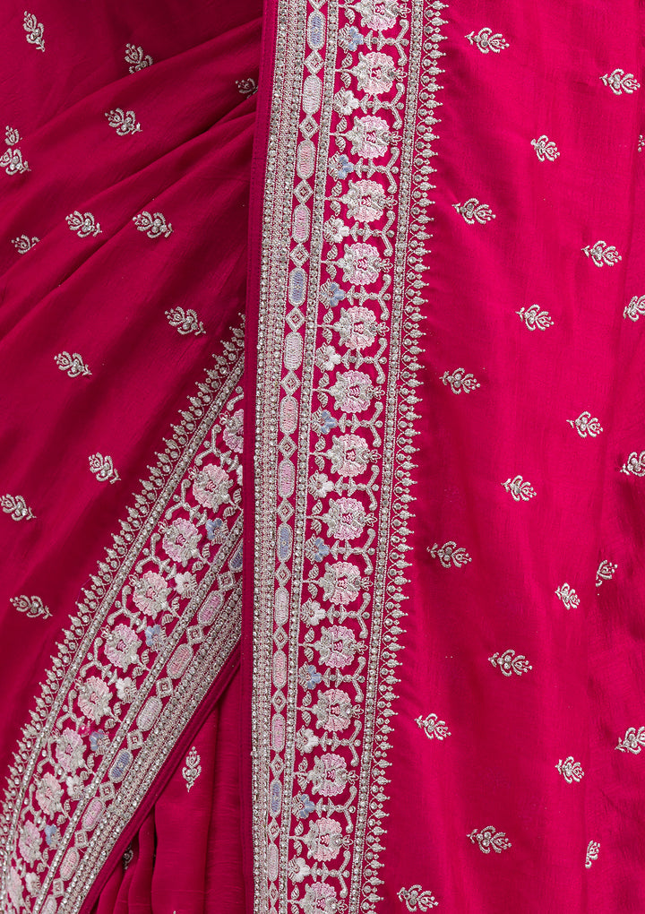 Rani Pink Threadwork Silk Saree