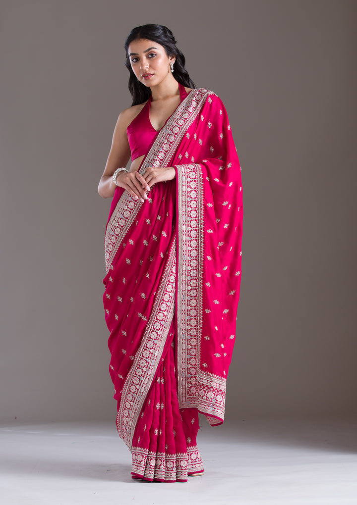 Rani Pink Threadwork Silk Saree
