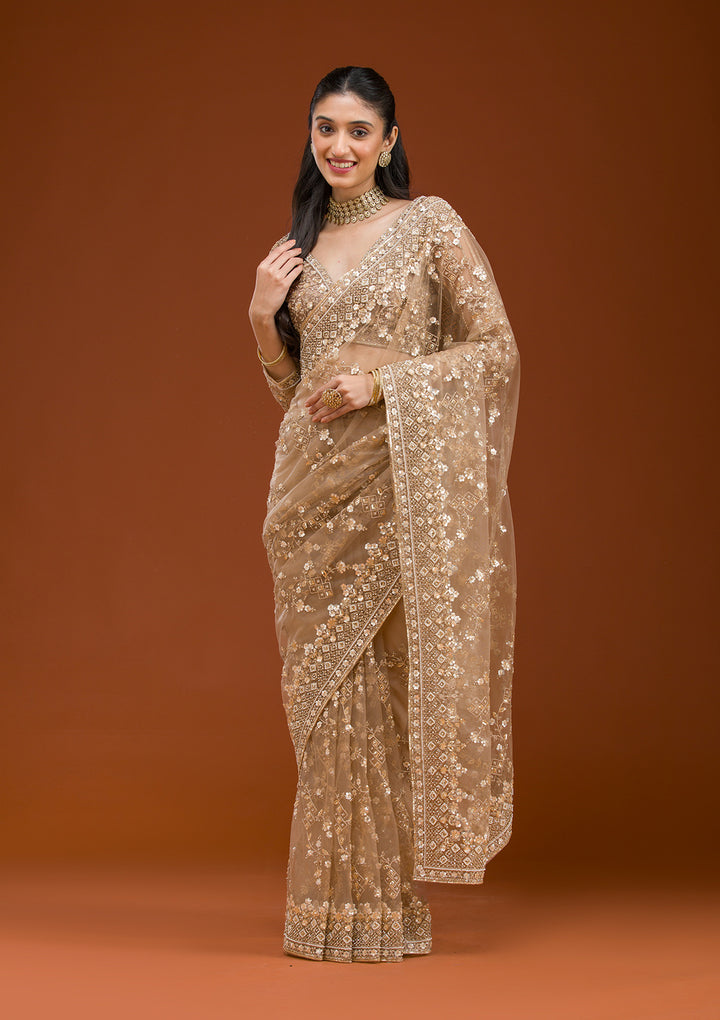 Beige Sequins Net Saree