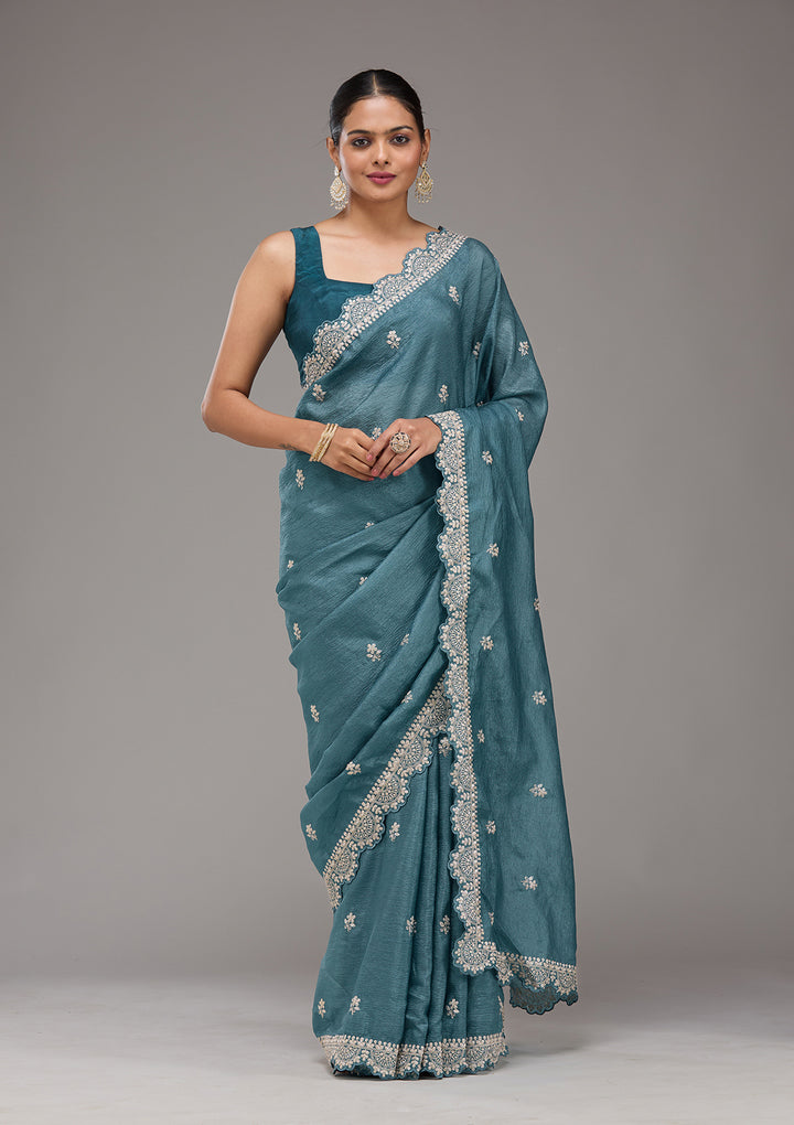 Peacock Blue Zariwork Georgette Saree