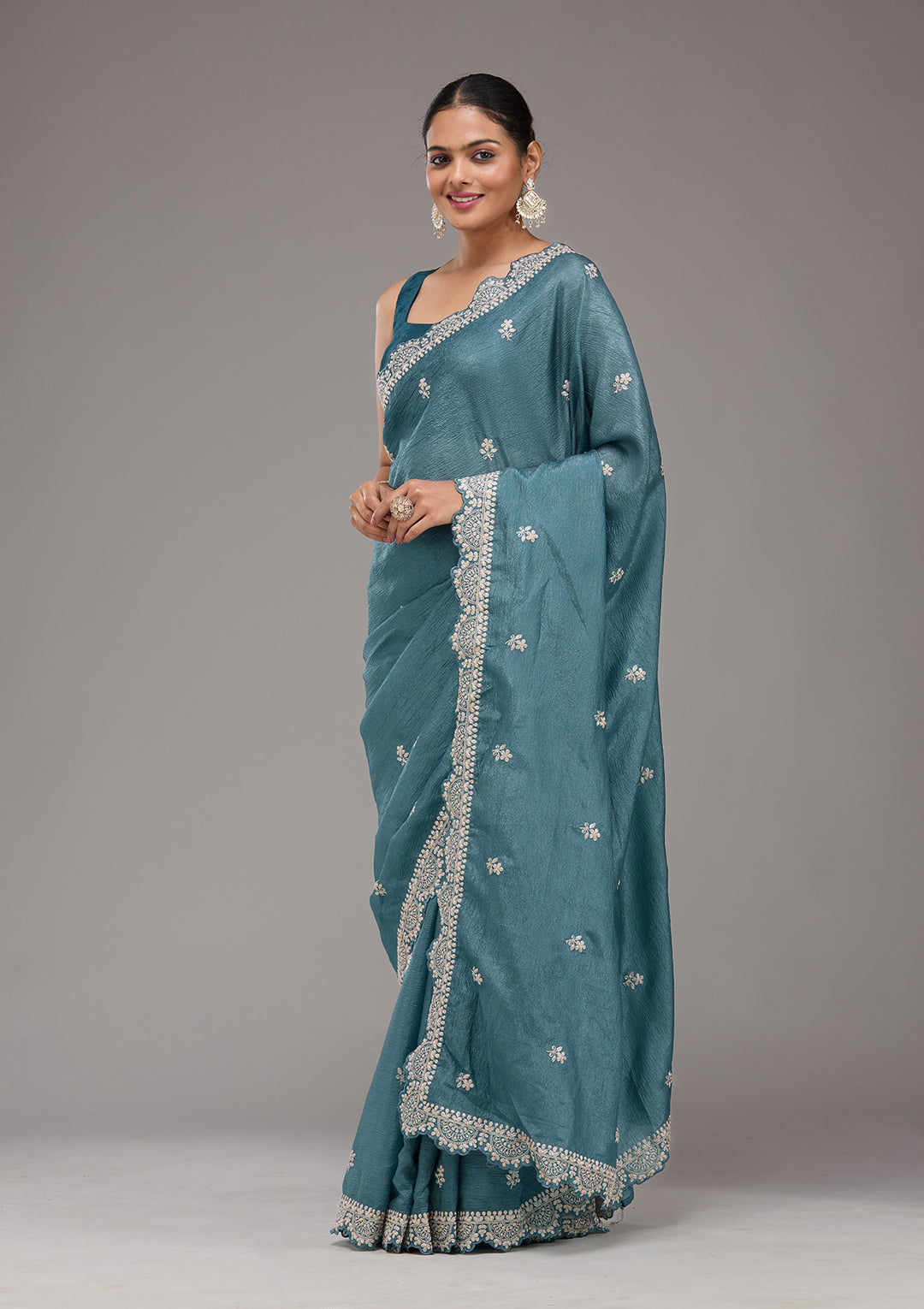 Peacock Blue Zariwork Georgette Saree
