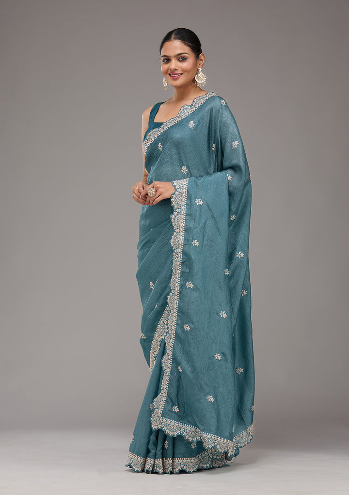 Peacock Blue Zariwork Georgette Saree