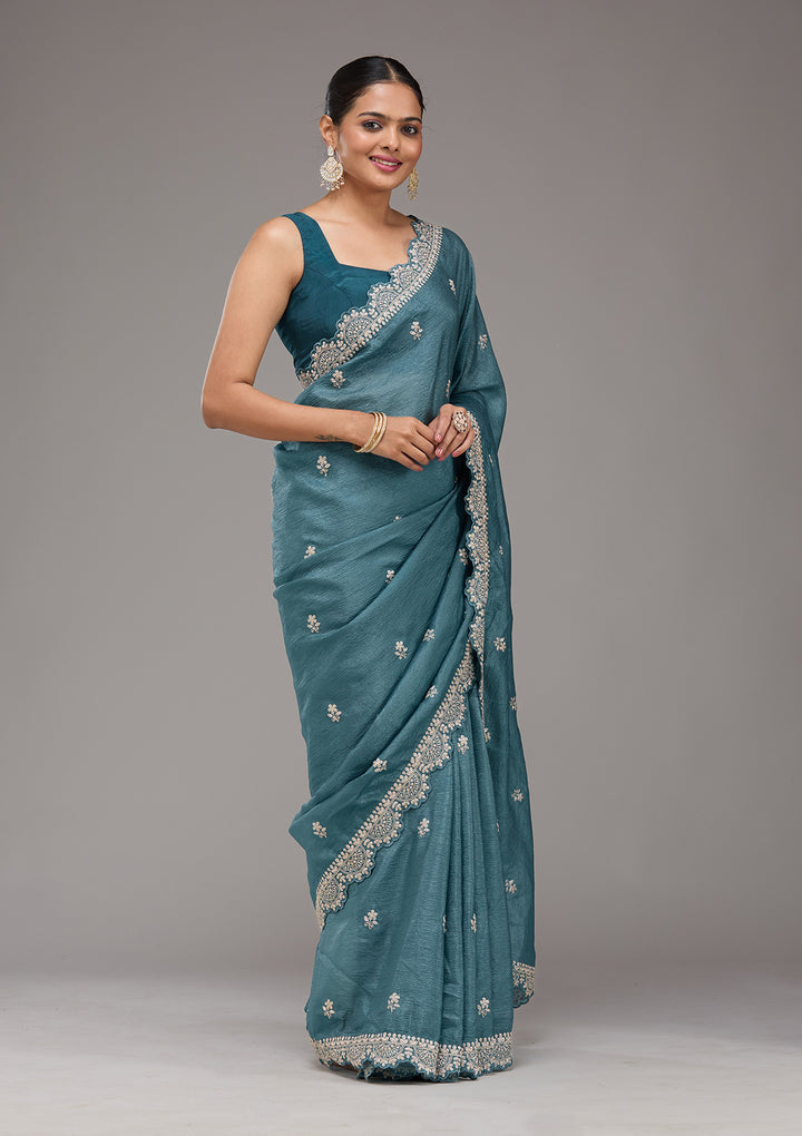 Peacock Blue Zariwork Georgette Saree