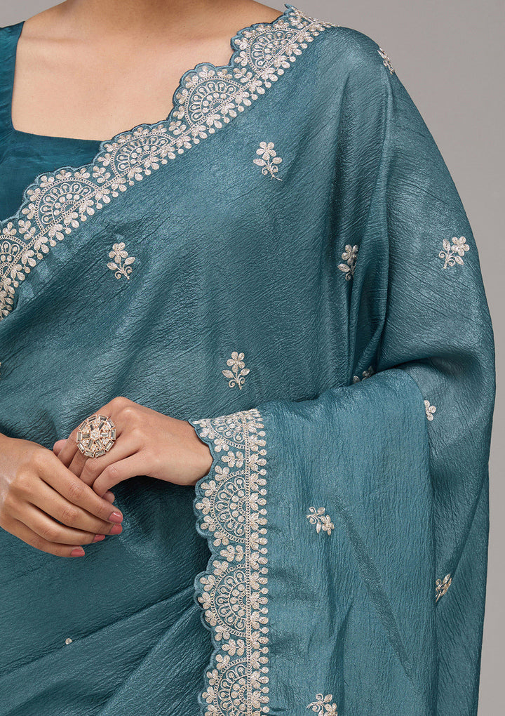 Peacock Blue Zariwork Georgette Saree