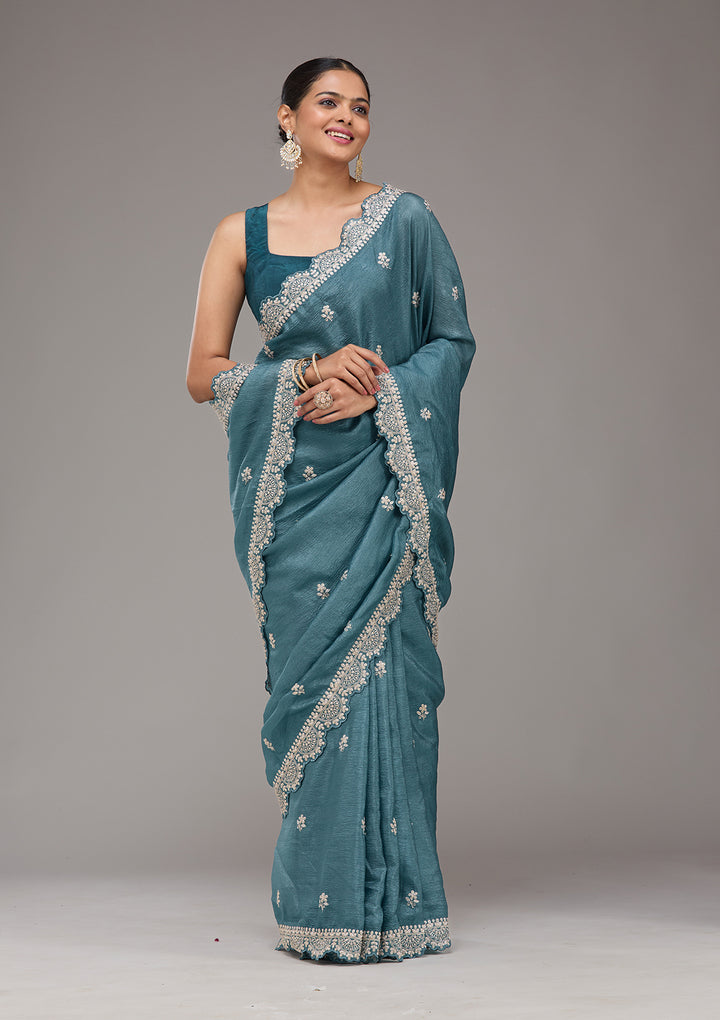 Peacock Blue Zariwork Georgette Saree
