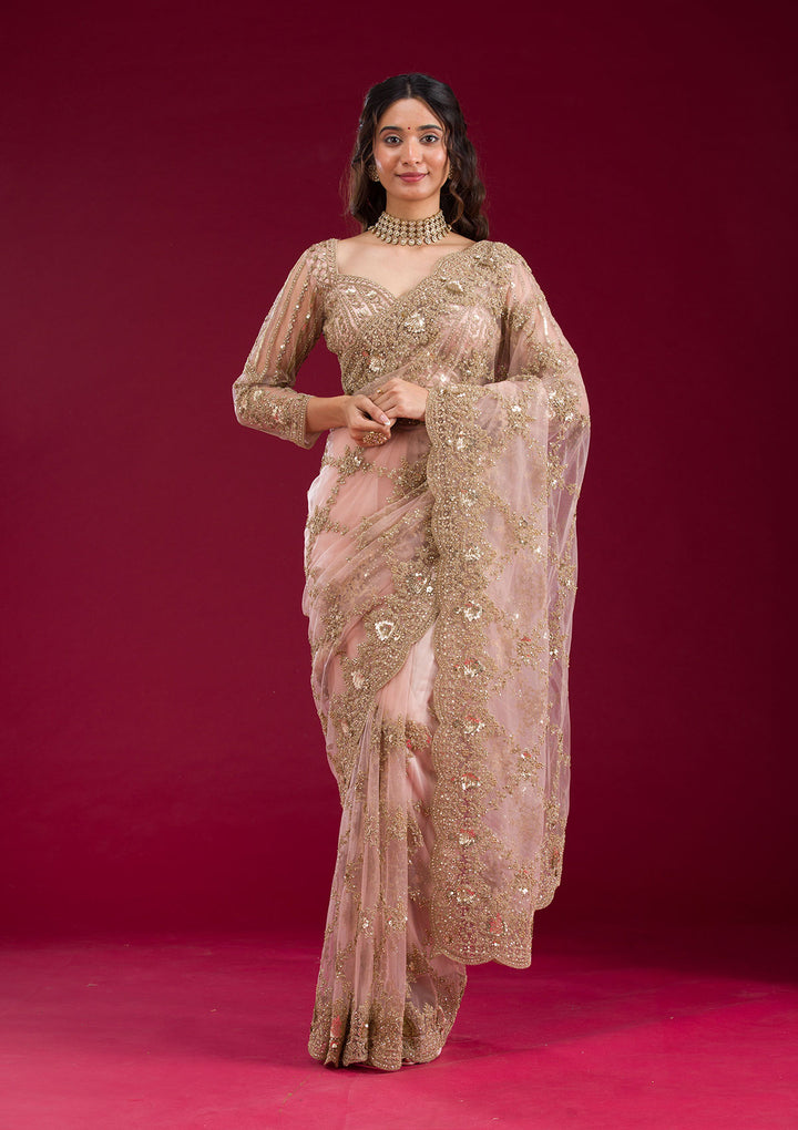 Baby Pink Zariwork Net Saree