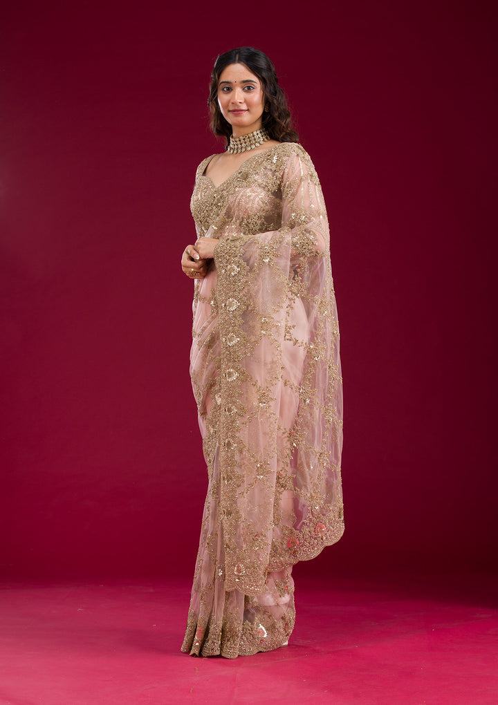 Baby Pink Zariwork Net Saree