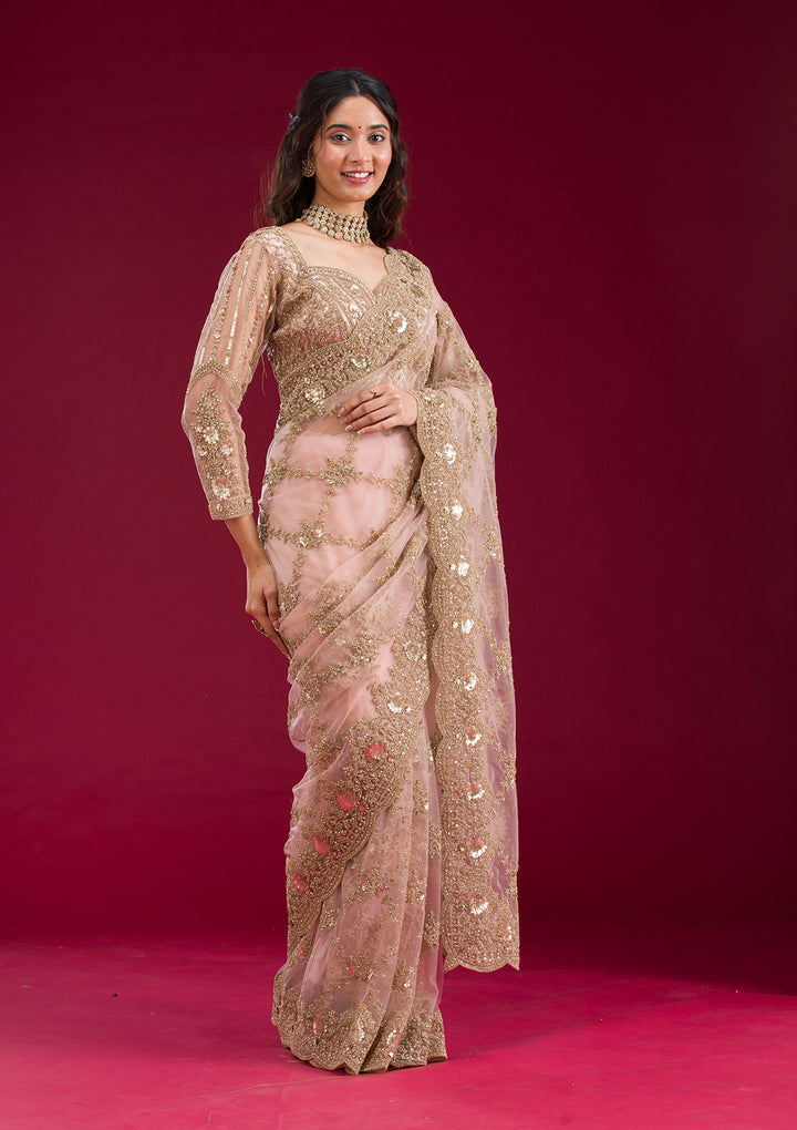 Baby Pink Zariwork Net Saree