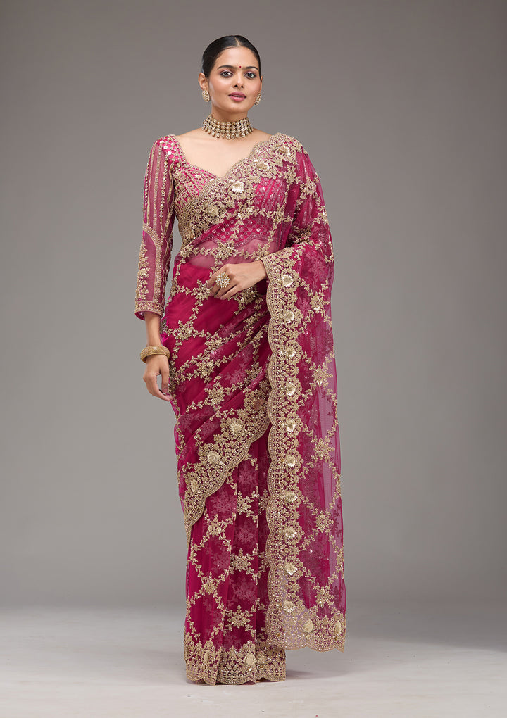 Rani Pink Zariwork Net Saree