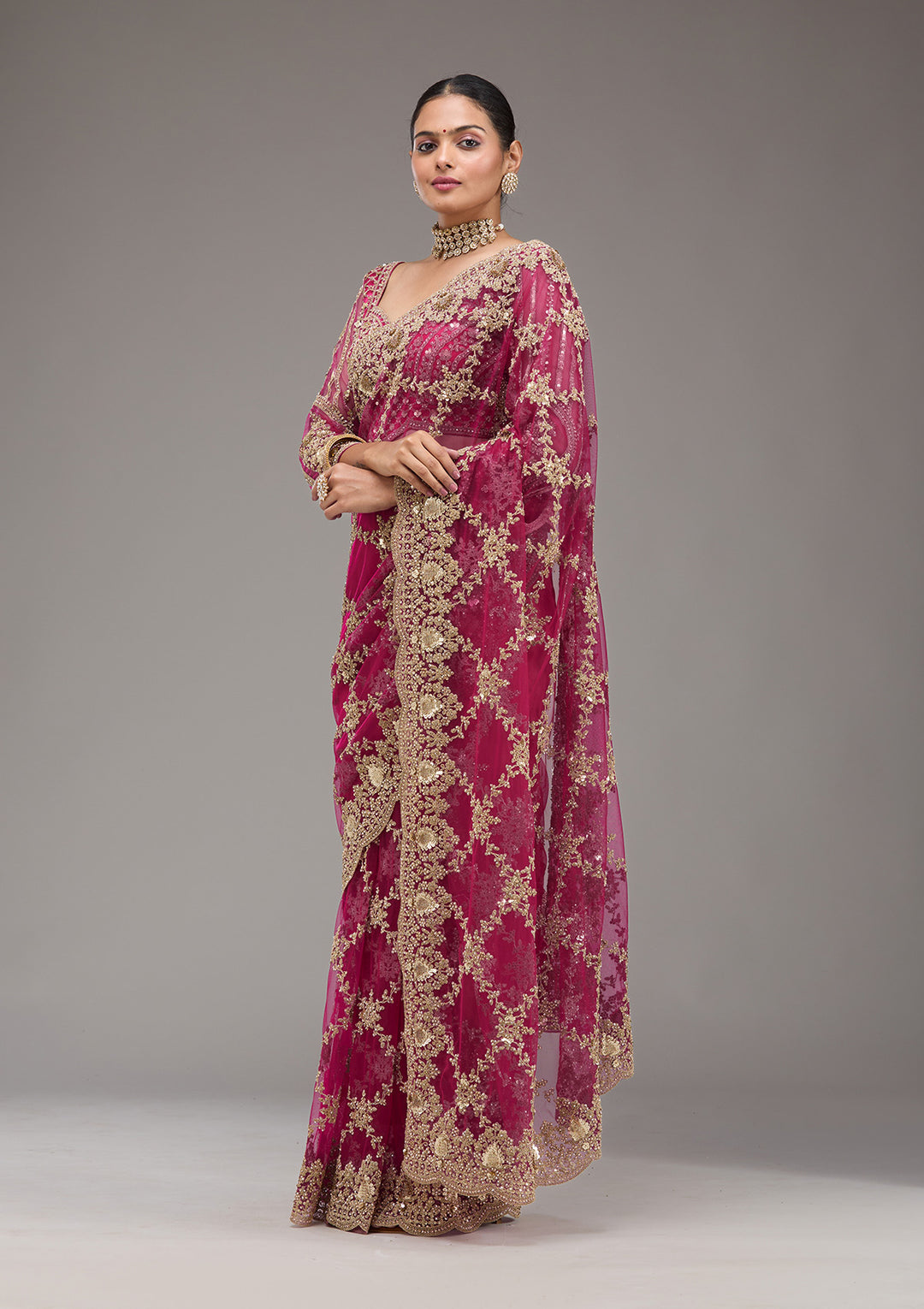 Rani Pink Zariwork Net Saree