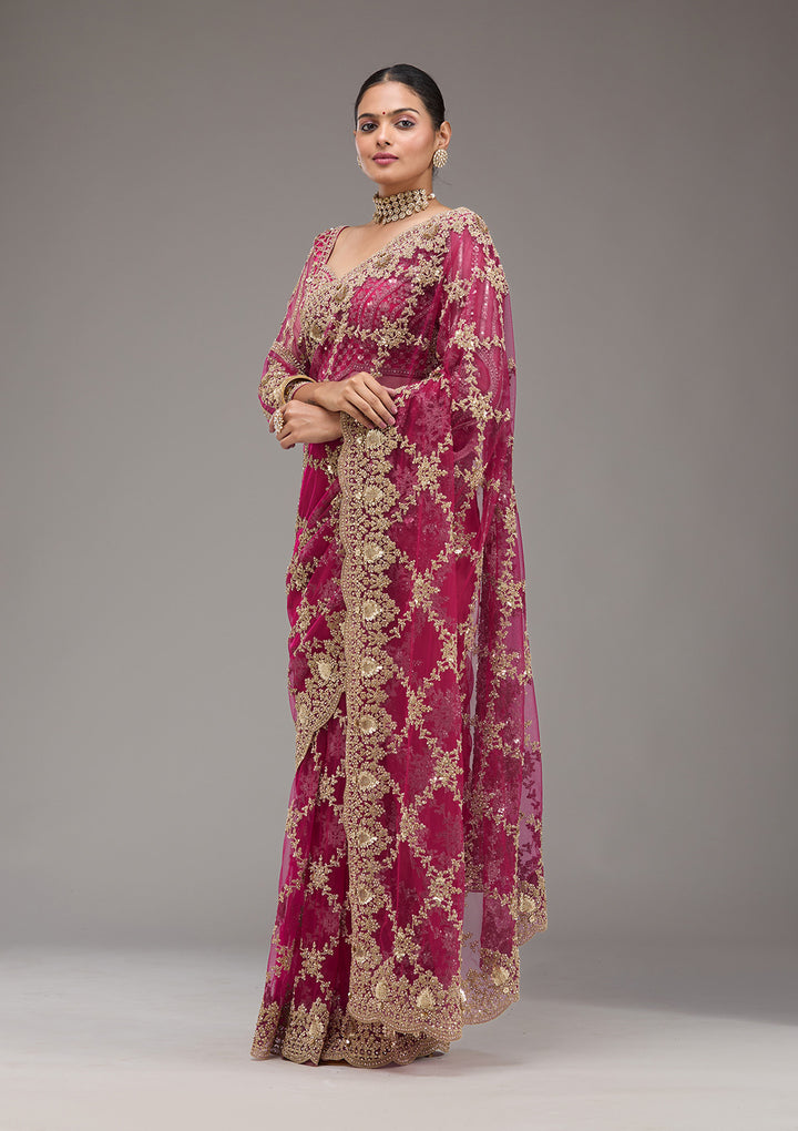 Rani Pink Zariwork Net Saree