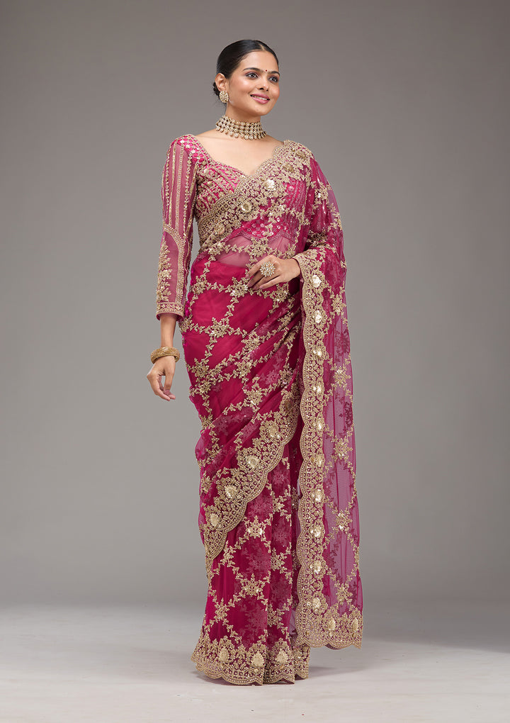 Rani Pink Zariwork Net Saree