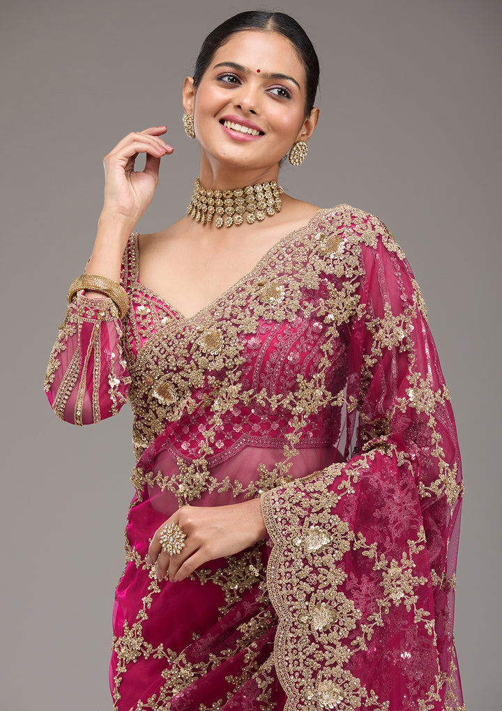 Rani Pink Zariwork Net Saree