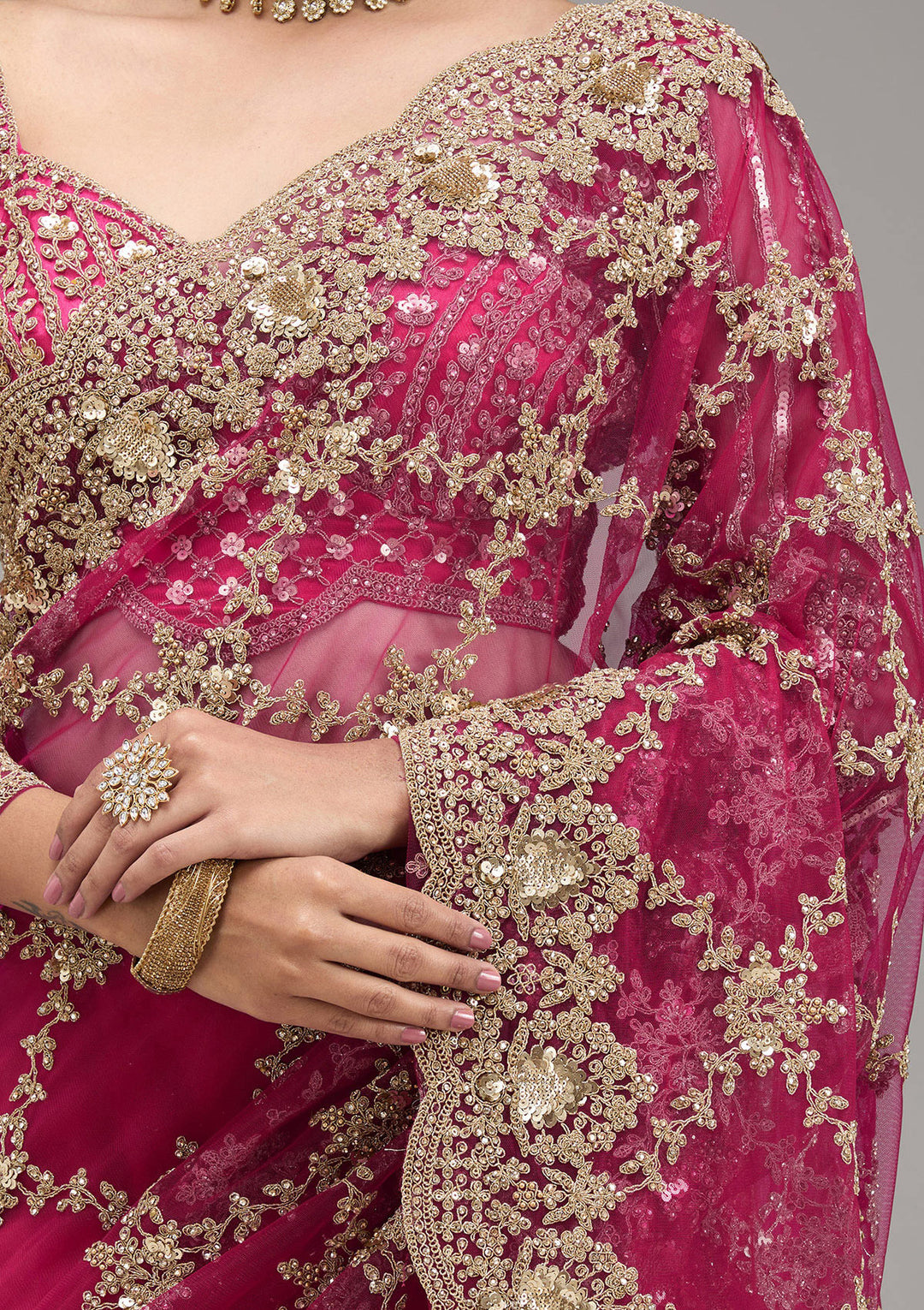 Rani Pink Zariwork Net Saree