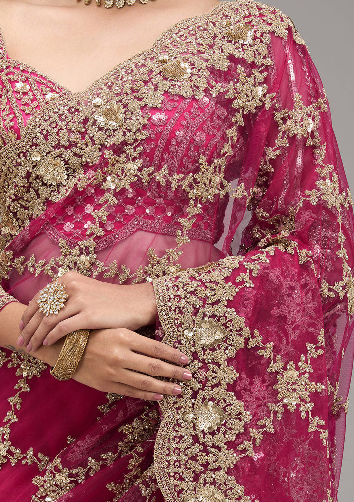 Rani Pink Zariwork Net Saree