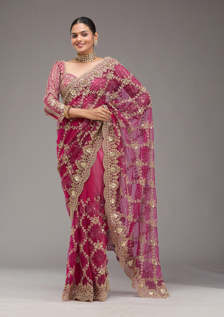 Rani Pink Zariwork Net Saree