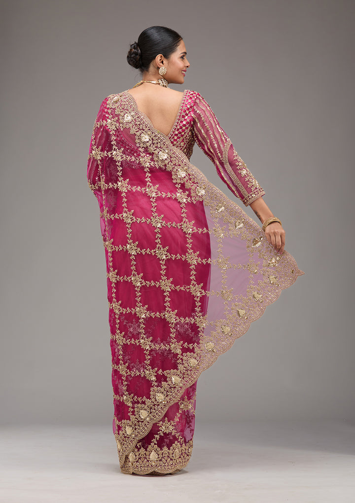 Rani Pink Zariwork Net Saree