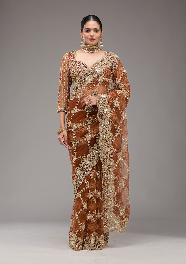 Rust Zariwork Net Saree