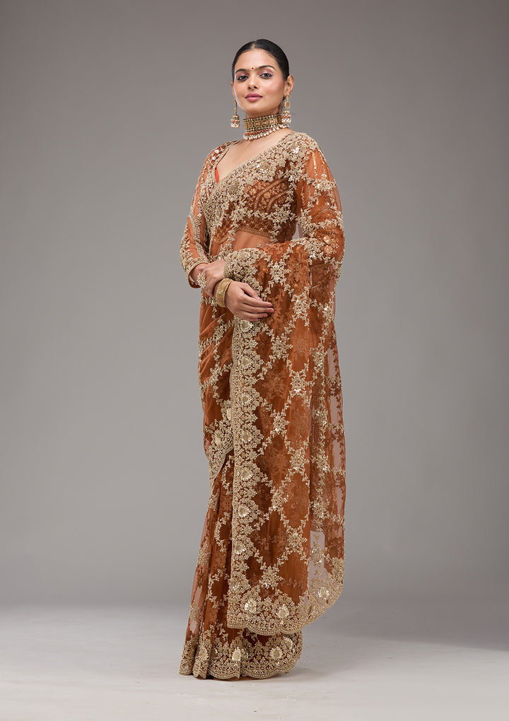 Rust Zariwork Net Saree