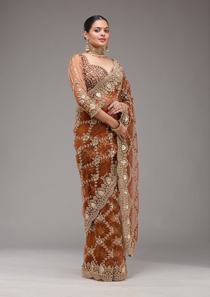 Rust Zariwork Net Saree
