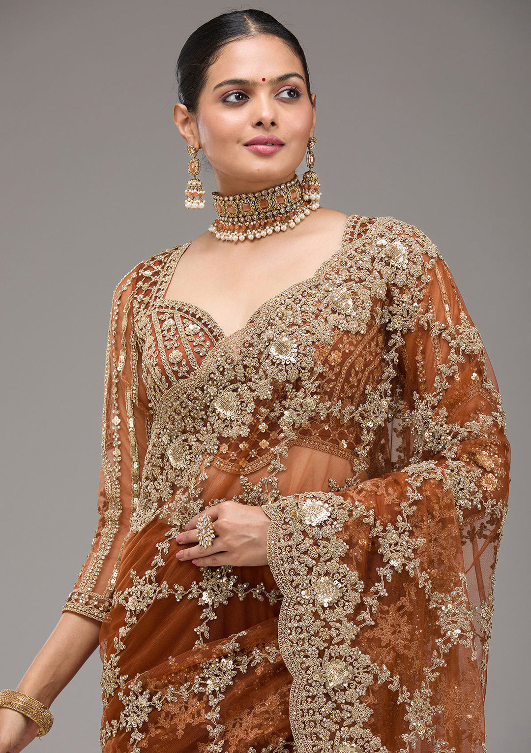 Rust Zariwork Net Saree