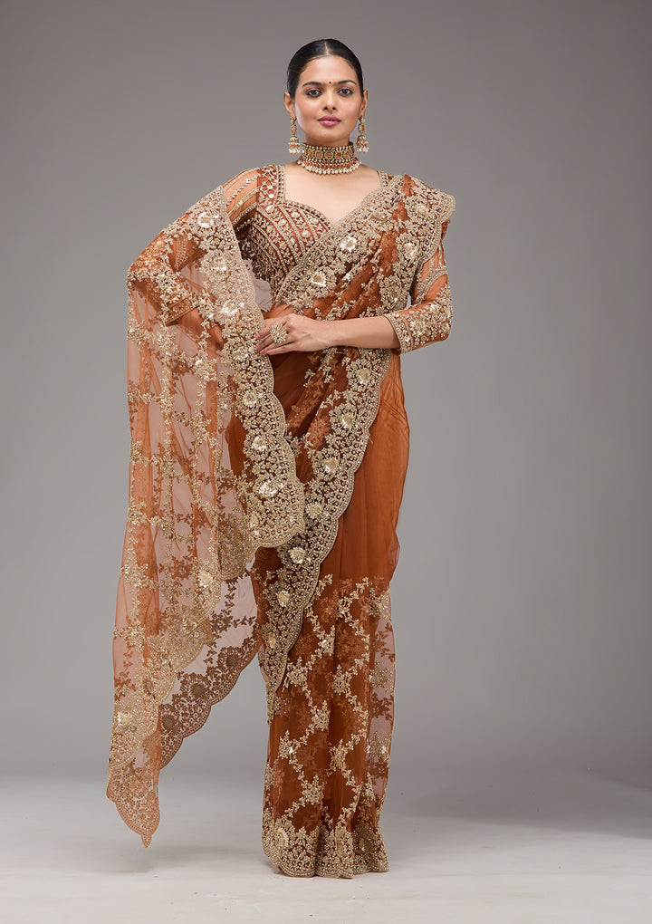 Rust Zariwork Net Saree