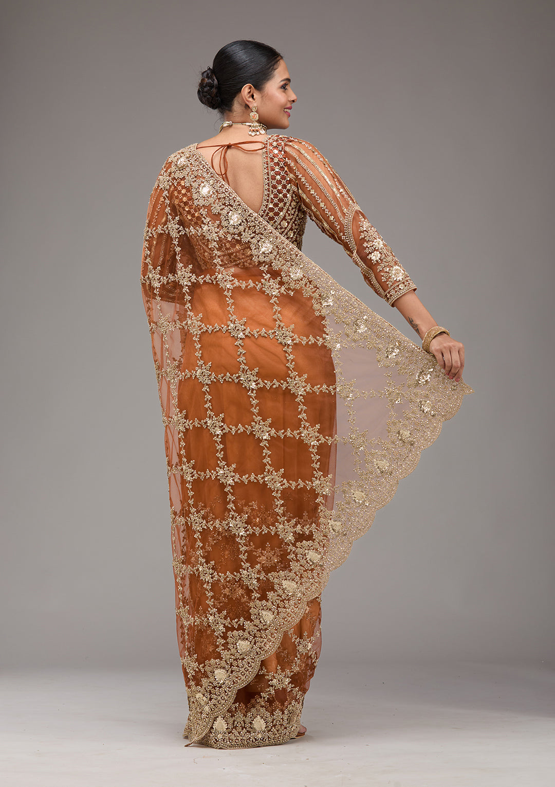 Rust Zariwork Net Saree