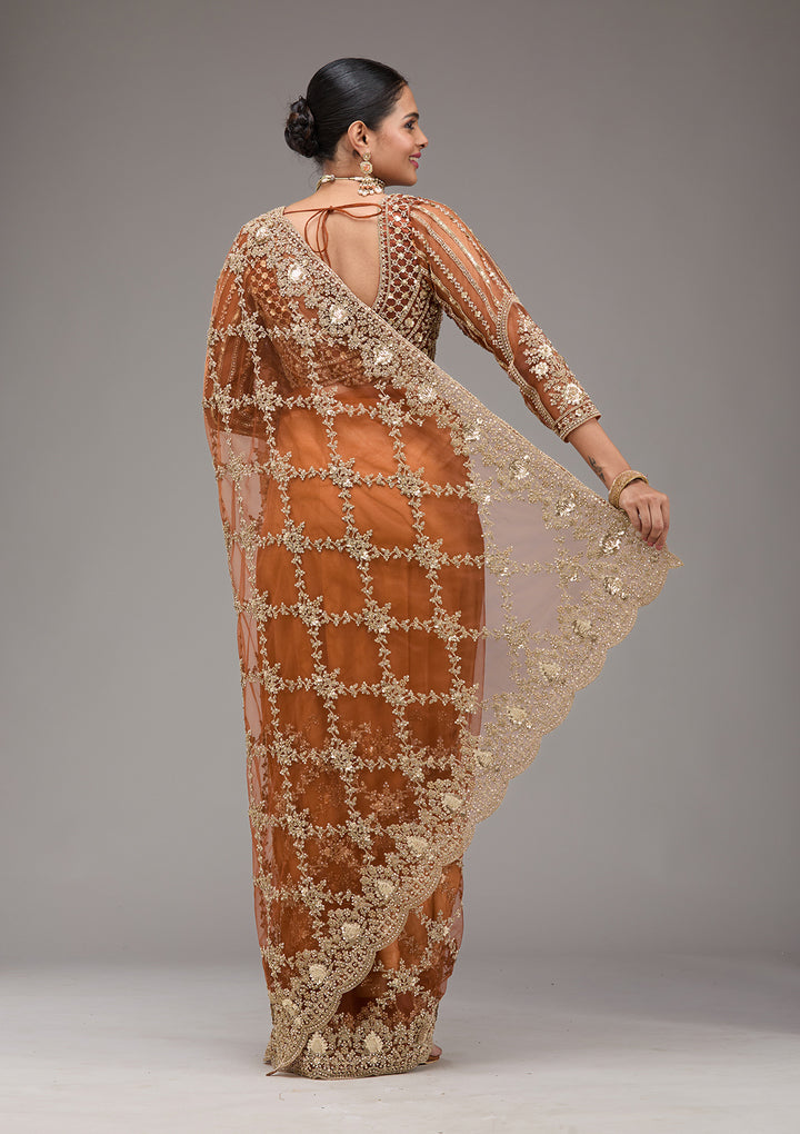 Rust Zariwork Net Saree