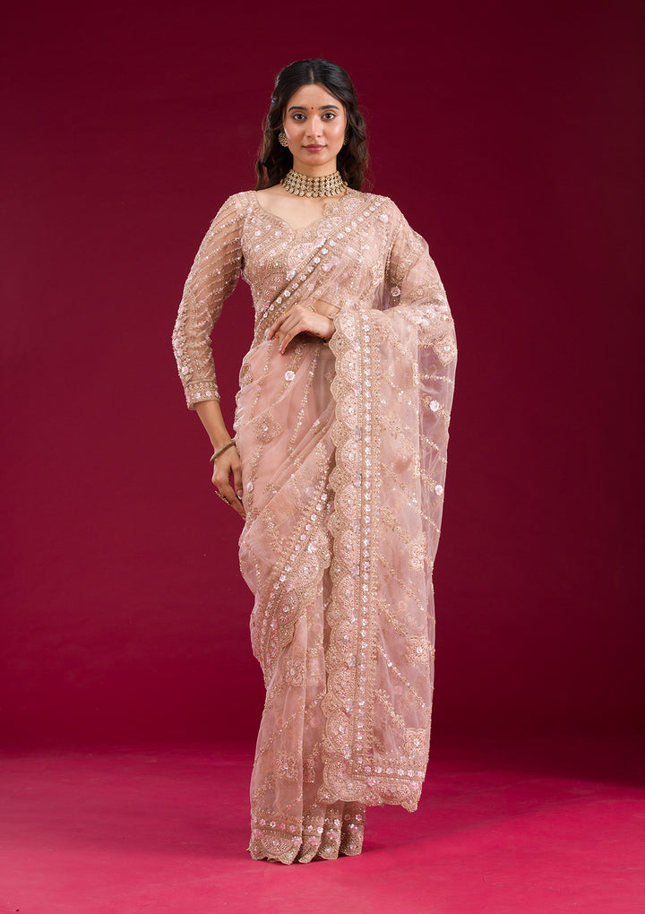 Light Peach Stonework Net Saree