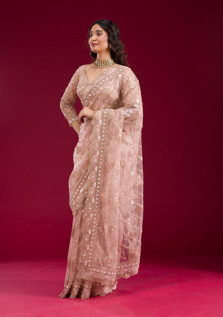 Light Peach Stonework Net Saree