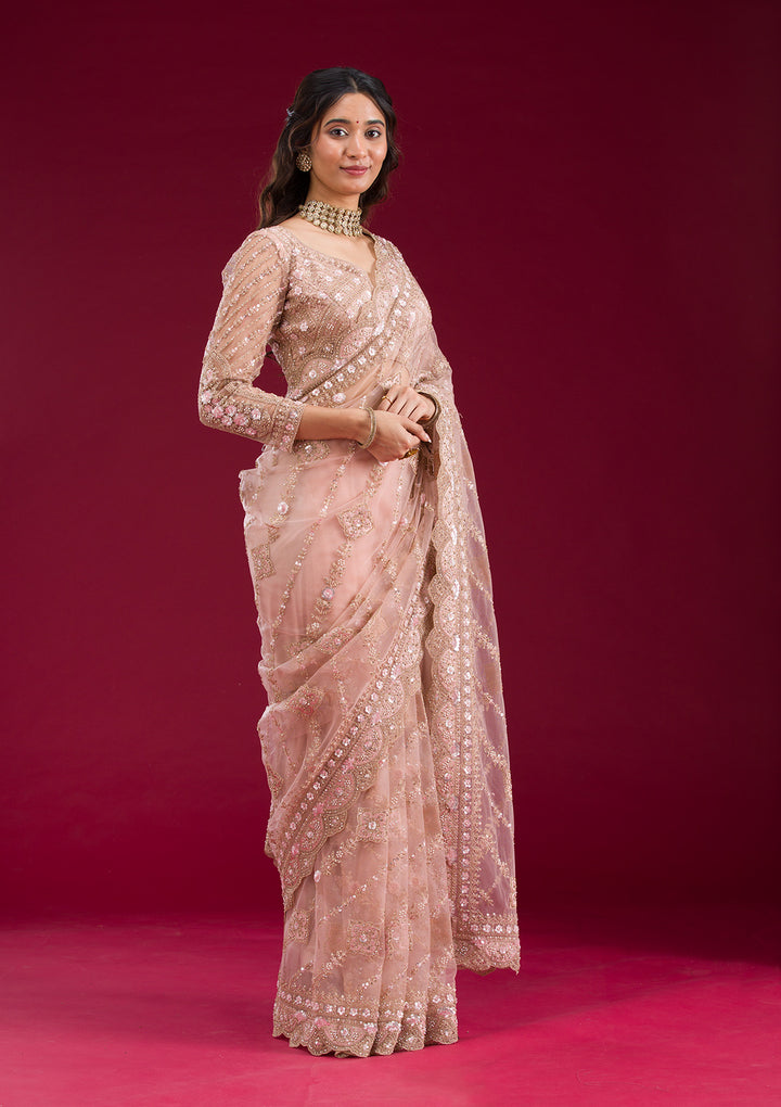 Light Peach Stonework Net Saree