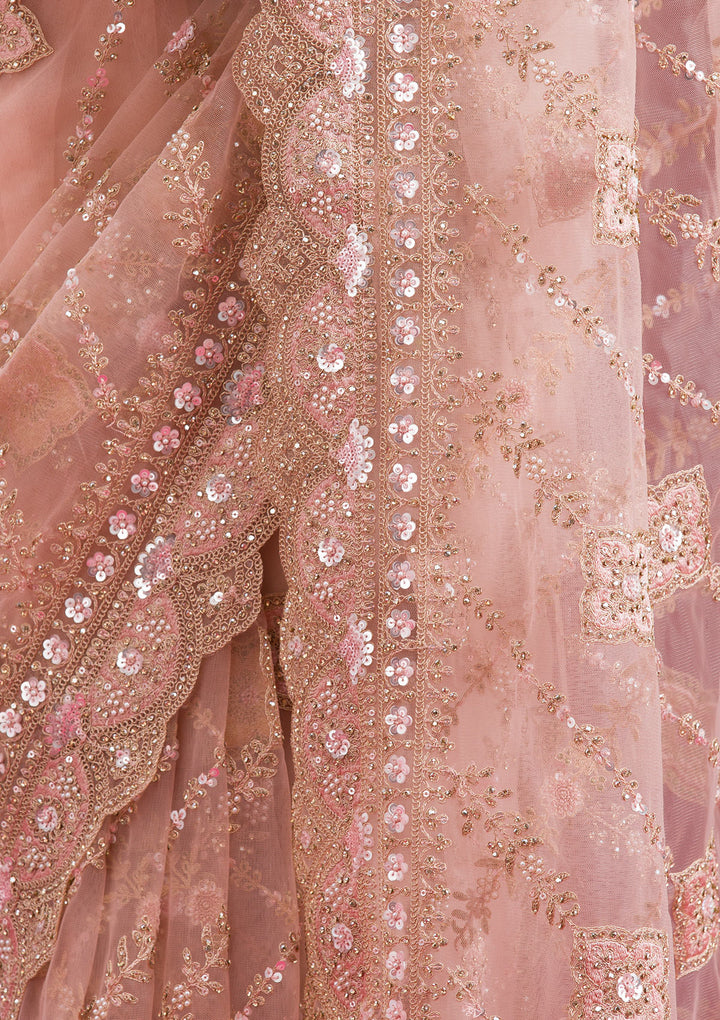 Light Peach Stonework Net Saree